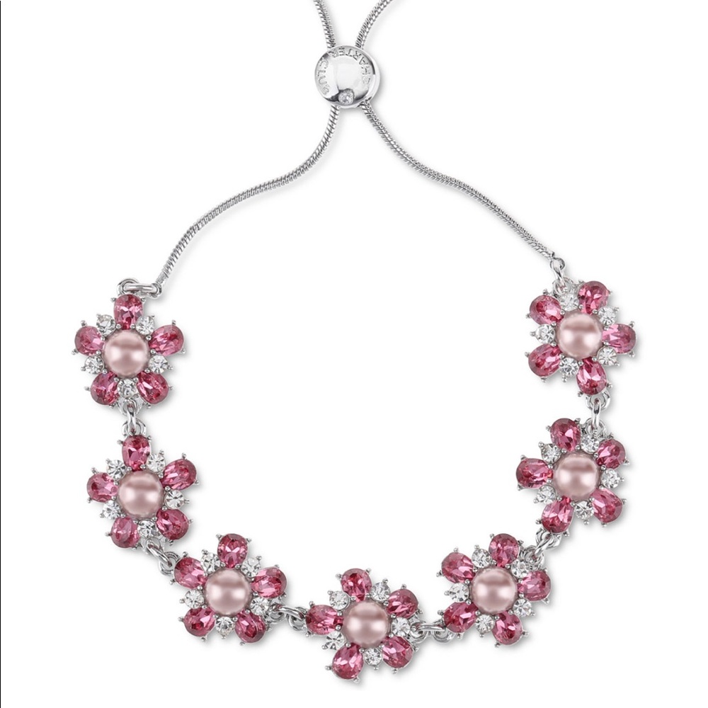 New Silver- tone pink imitation pearl & crystal slider bracelet